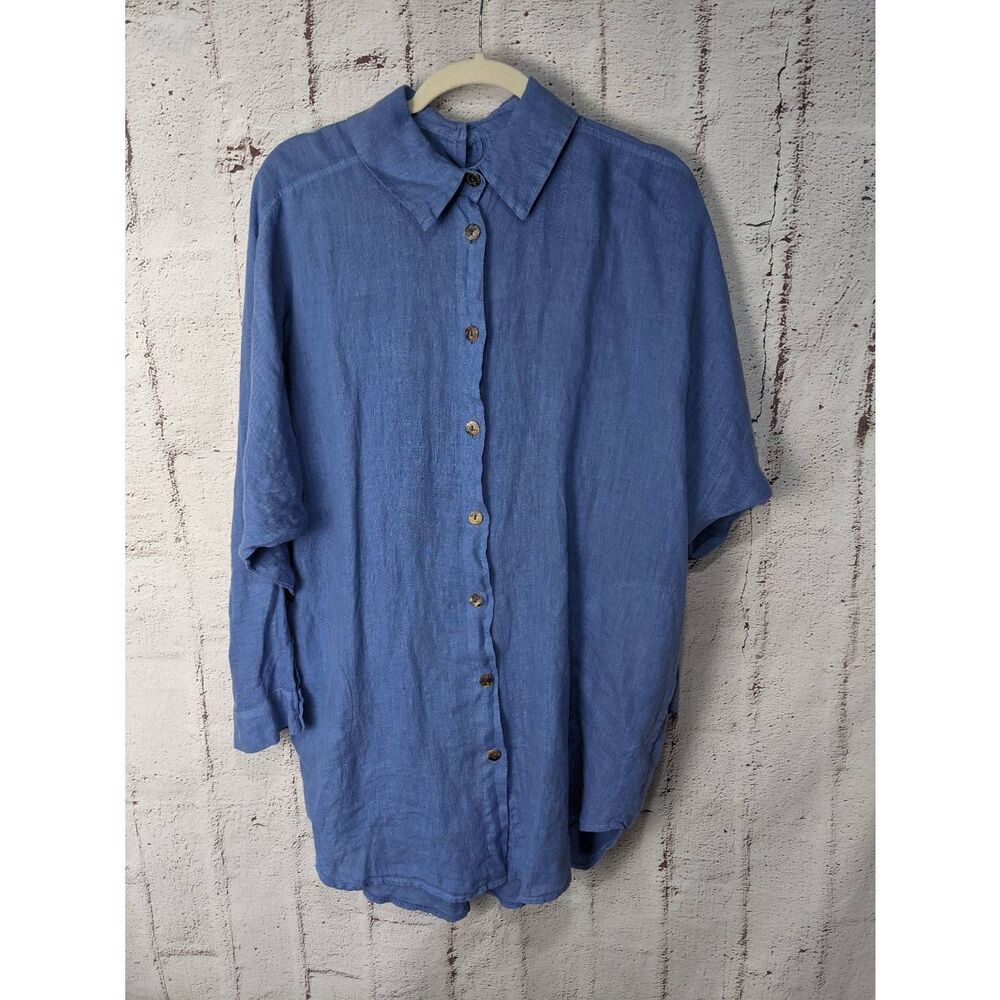LUUKAA Blue Linen Blouse Shirt Women's Size 8 Button Up Long sleeve Blouse Tunic
